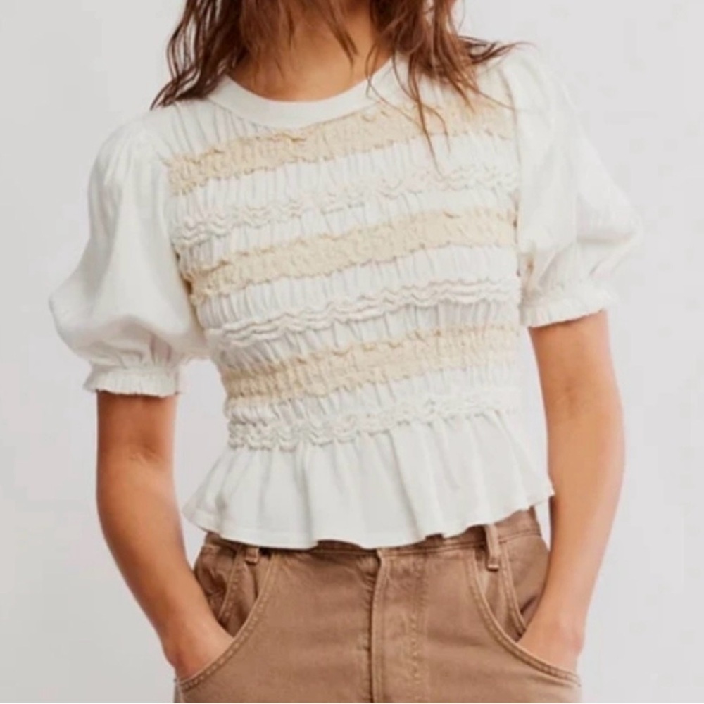 Smocked Peplum Puff Sleeve Crop Top - White/Cream Free People XS